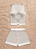 Khaki Striped Sleeveless Tie-Front Crop Top and High-Waist Ribbed Shorts